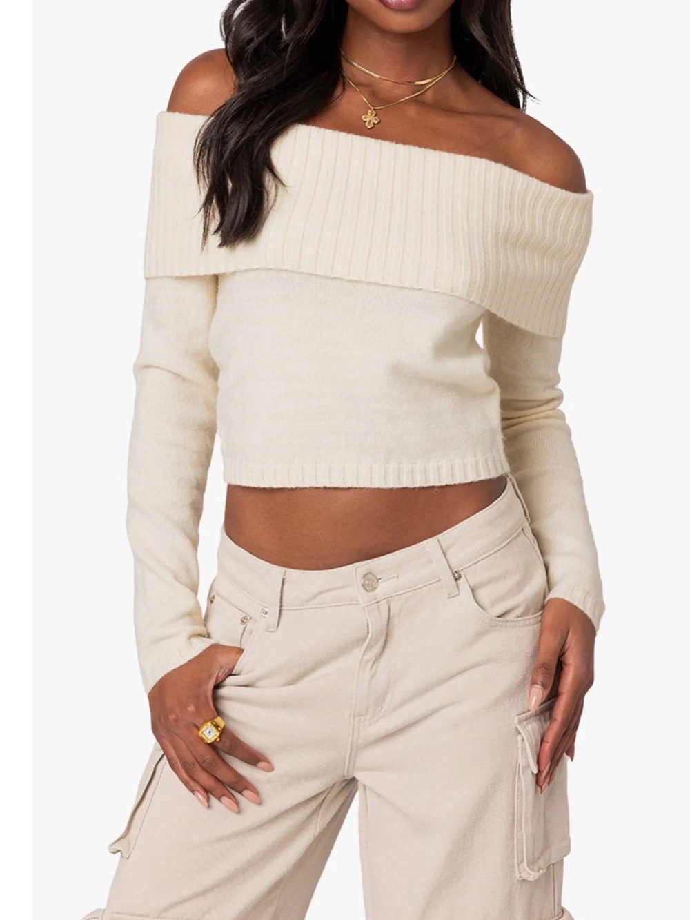 Edikted Cream Off-the-Shoulder Ribbed Crop Sweater